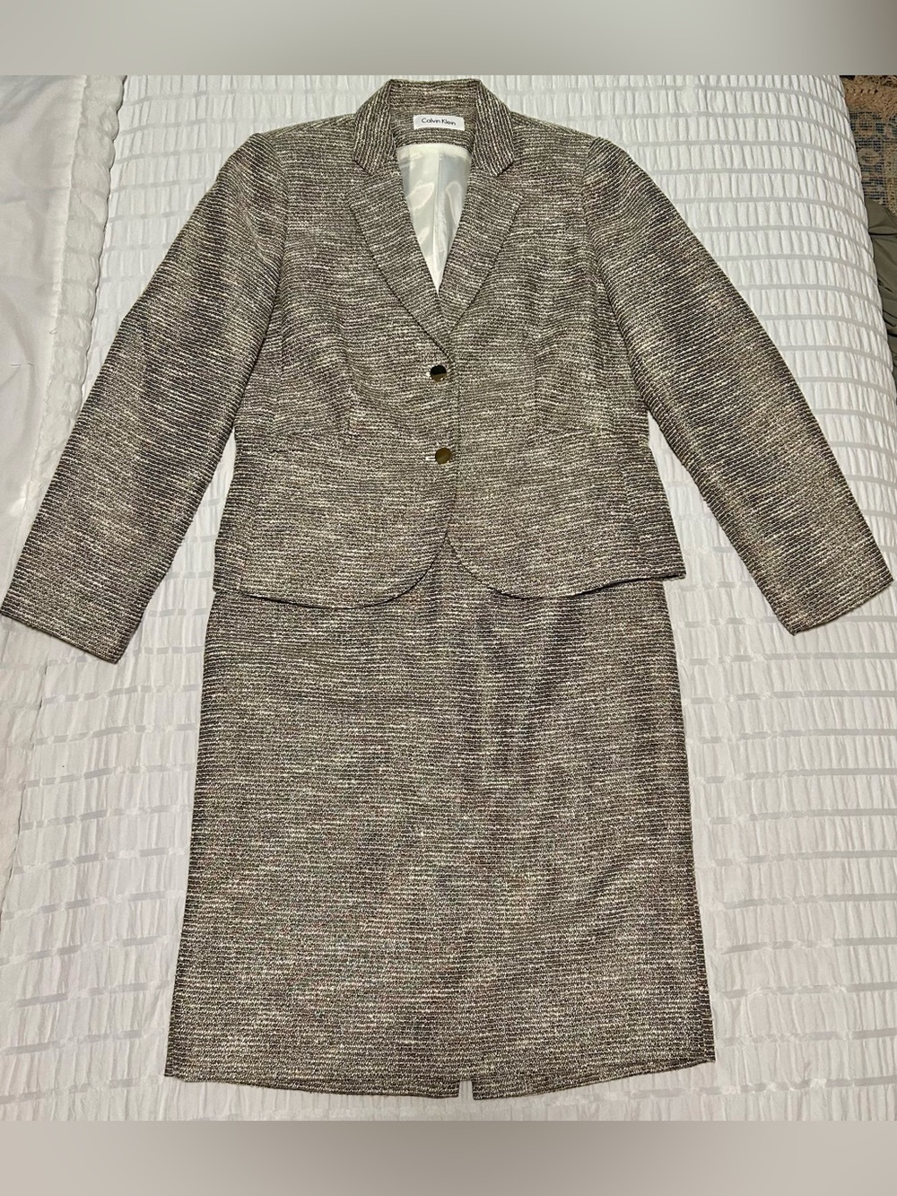 Chanel-like Tweed Skirt Suit in Brown and Cream